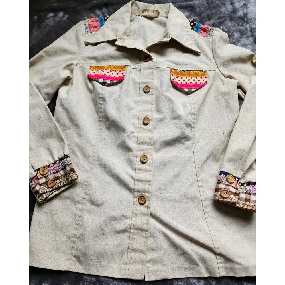 Latch On Vintage 70s Patchwork Style Button Down Shirt Womens 16 Tan Multi-Color - Picture 2 of 8